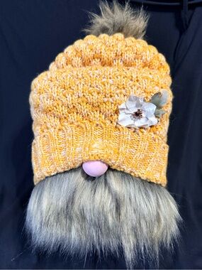 Handmade Mustard Yellow Knit Beanie with Faux Fur Pom and Flower Gnome